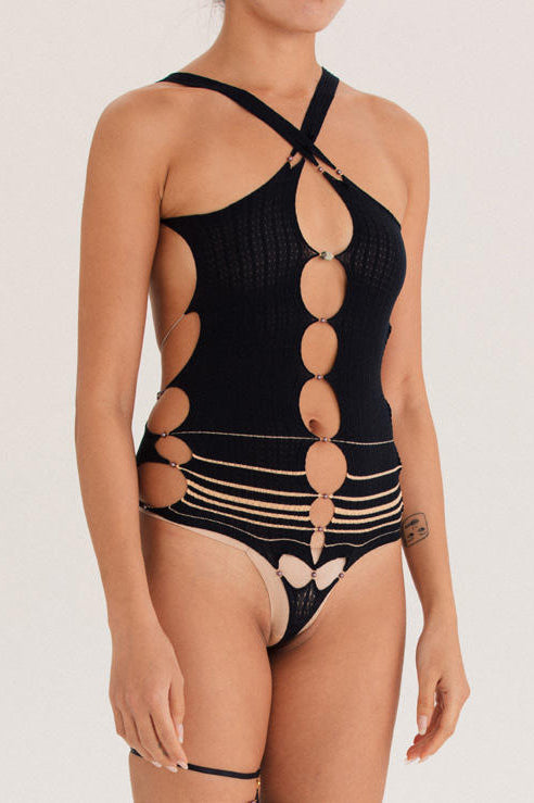 RUI Striped Bodysuit RSS22SF07 Onyx Black &Cheese Buff Stripes